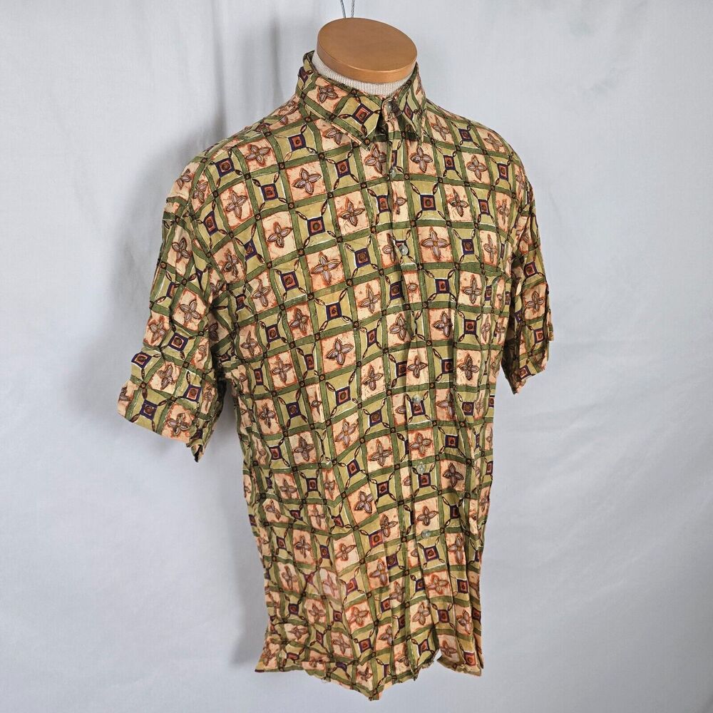 Campia Moda Shirt Men's M Green Tan Geometric Print Button Down Short Sleeve - Picture 14 of 14